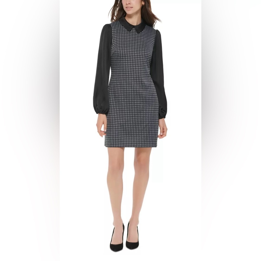 NWT Tommy Hilfiger Houndstooth Shift Dress Size 10 Long Sleeve Collared